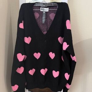 Beach Riot Black V-Neck Sweater with Pink Hearts NWT